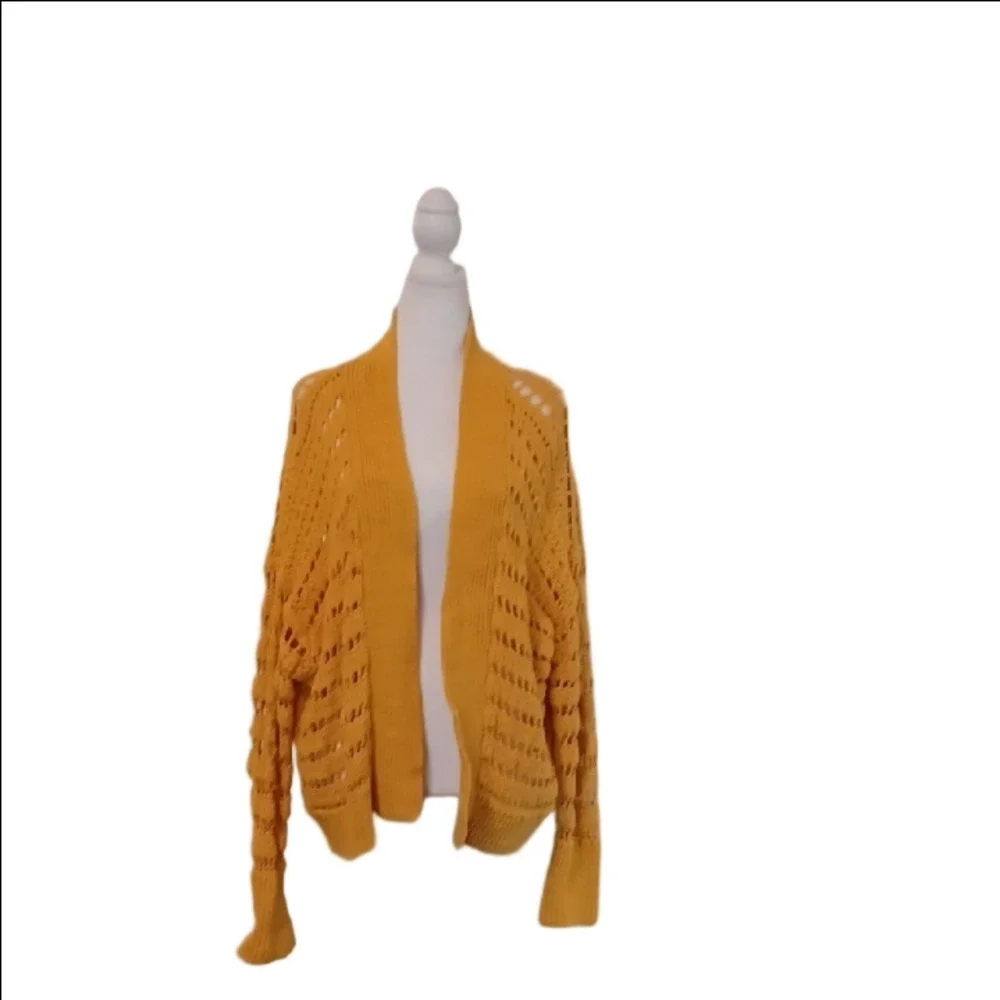 -- Yellow Open-Knit Women's Cardigan - Picture 3 of 8